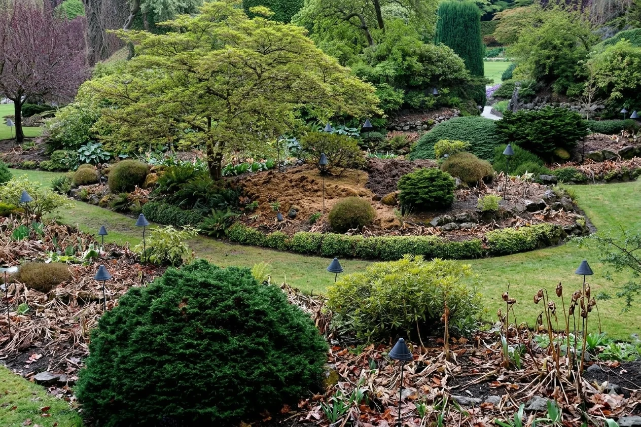 Le jardin avant la saison : massifs dégarnis, paillis à nu et arbustes encore sans fleurs